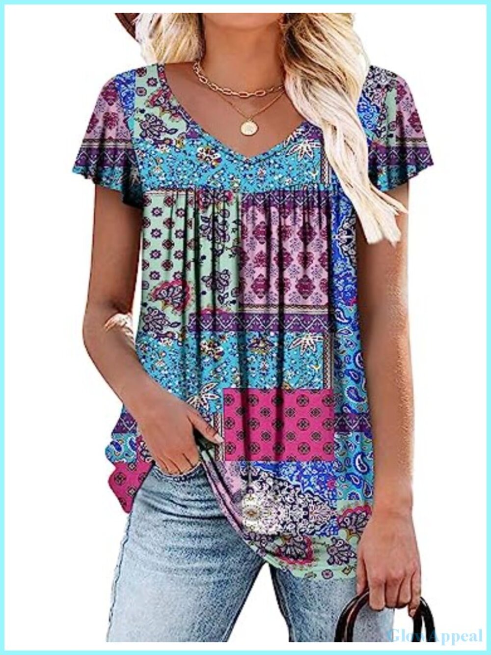 Ruffle Sleeve Tunic Top Women V Neck Loose Fit Floral Summer Shirt